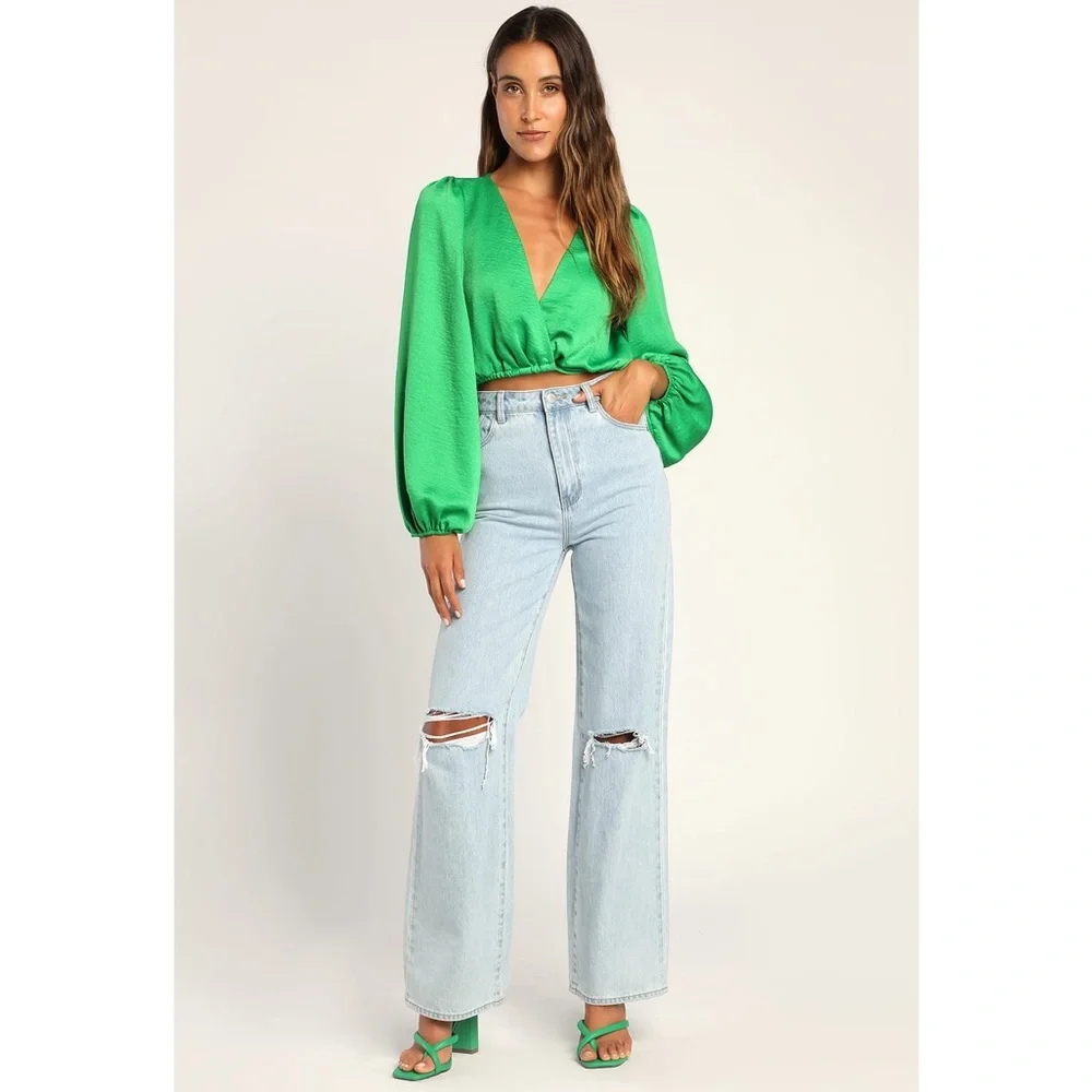 Lulus green satin long sleeve wrap crop top blouse with v neck - Picture 2 of 6